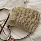 Léandre | Chic Beige Straw Shoulder Bag with Vegan Leather Accents - Lumina