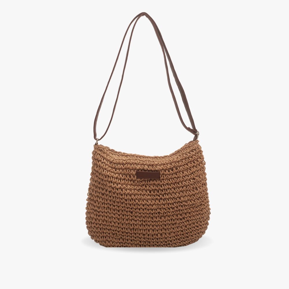 Léandre | Chic Beige Straw Shoulder Bag with Vegan Leather Accents - Lumina