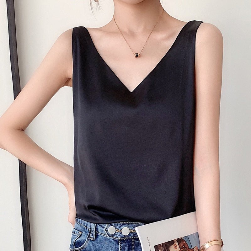 Lily | Classic Relaxed Fit Satin Tank with V-Neck - Lumina