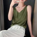 Lily | Classic Relaxed Fit Satin Tank with V-Neck - Lumina