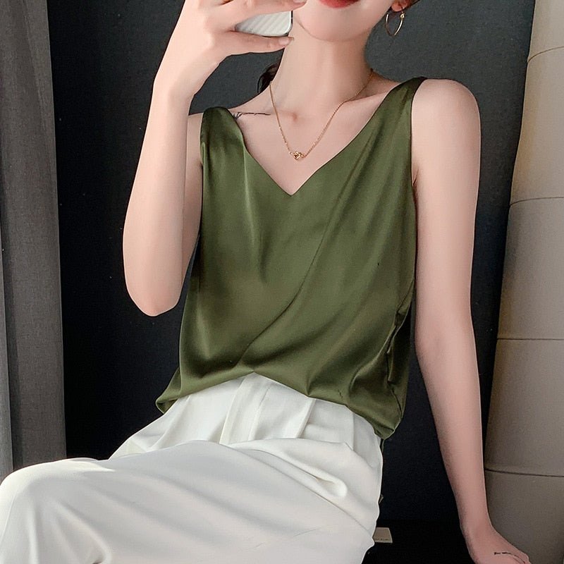 Lily | Classic Relaxed Fit Satin Tank with V-Neck - Lumina
