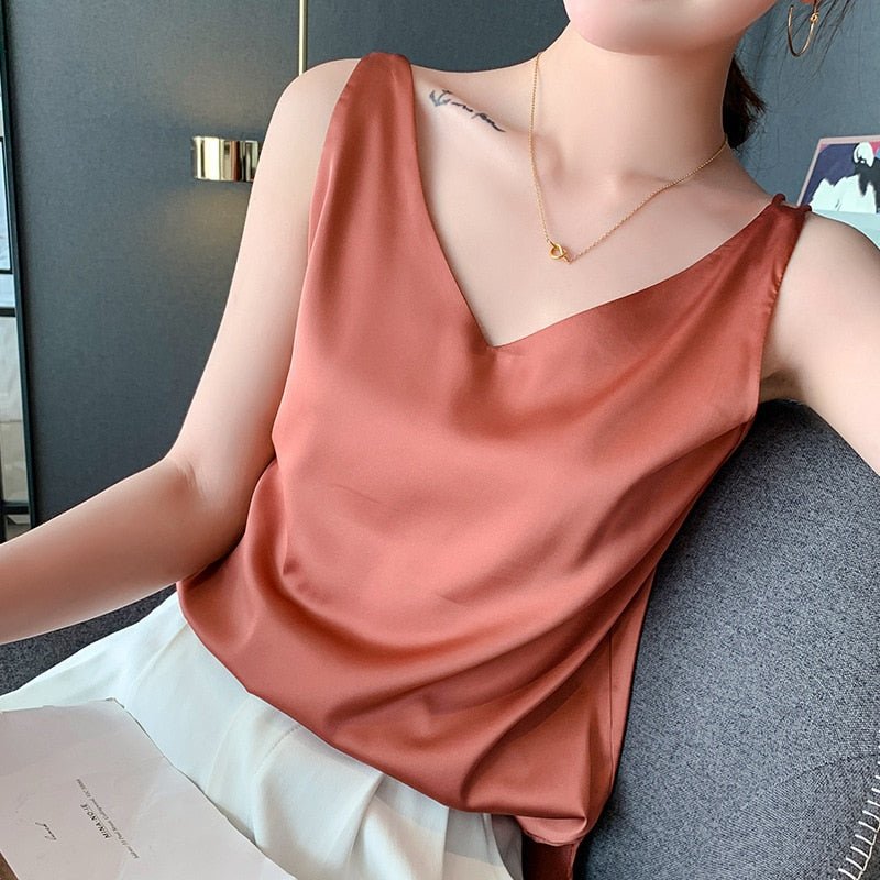 Lily | Classic Relaxed Fit Satin Tank with V-Neck - Lumina