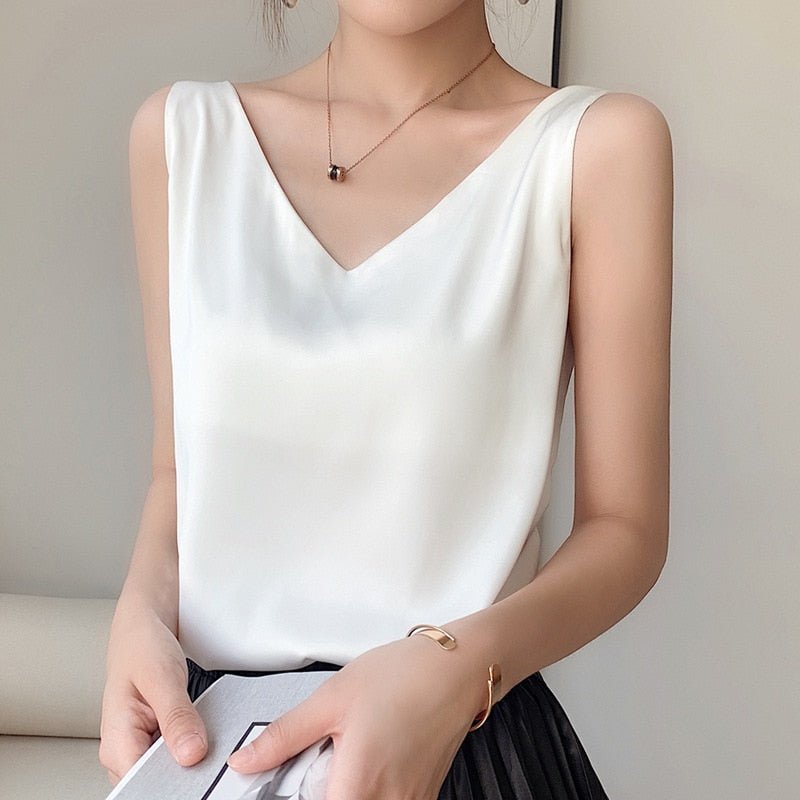 Lily | Classic Relaxed Fit Satin Tank with V-Neck - Lumina