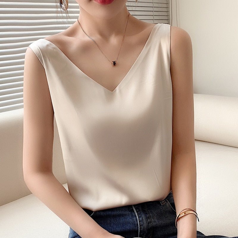 Lily | Classic Relaxed Fit Satin Tank with V-Neck - Lumina