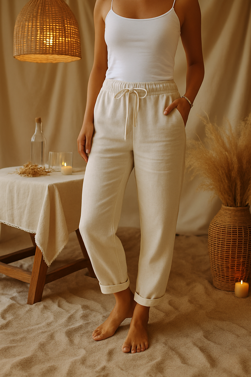 Monica | Comfortable Beige Trousers with Elastic Waistband - Lumina