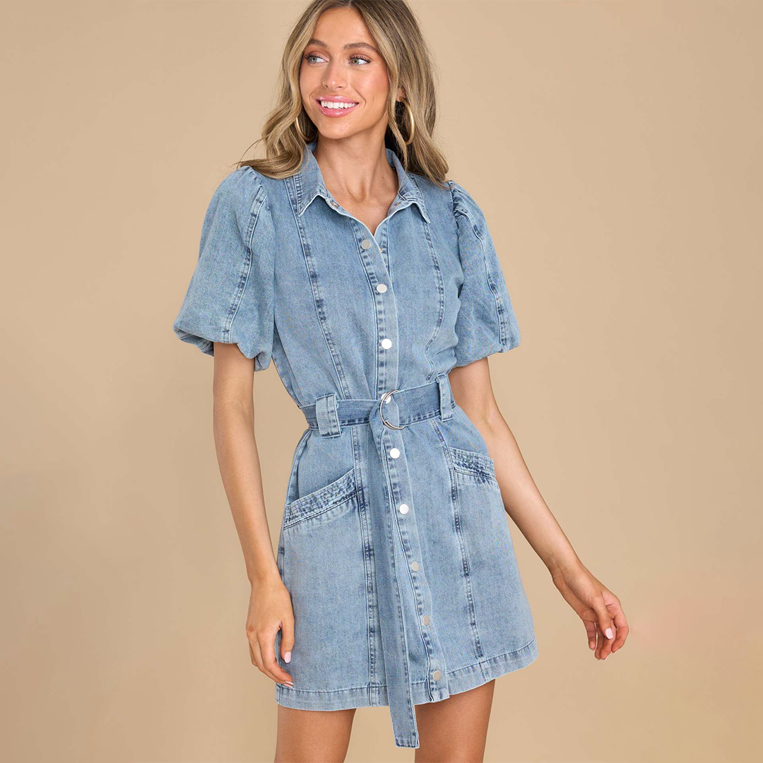 Nova | Denim Shirt Dress Puff Sleeves - Lumina