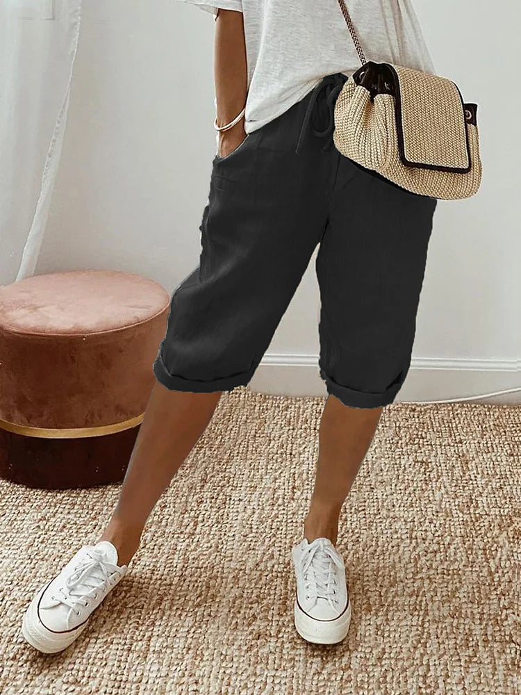 Rosa | Relaxed Beige Linen Blend Shorts with Adjustable Waist - Lumina