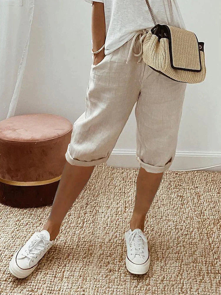 Rosa | Relaxed Beige Linen Blend Shorts with Adjustable Waist - Lumina
