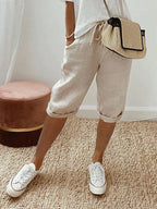 Rosa | Relaxed Beige Linen Blend Shorts with Adjustable Waist - Lumina