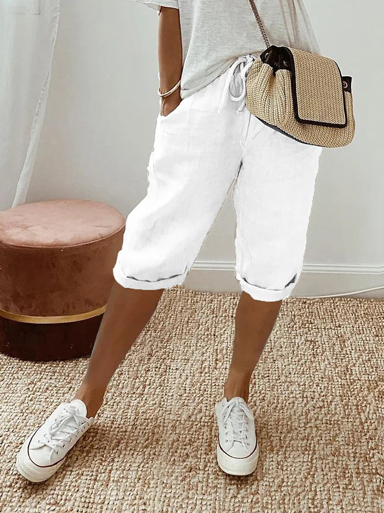 Rosa | Relaxed Beige Linen Blend Shorts with Adjustable Waist - Lumina