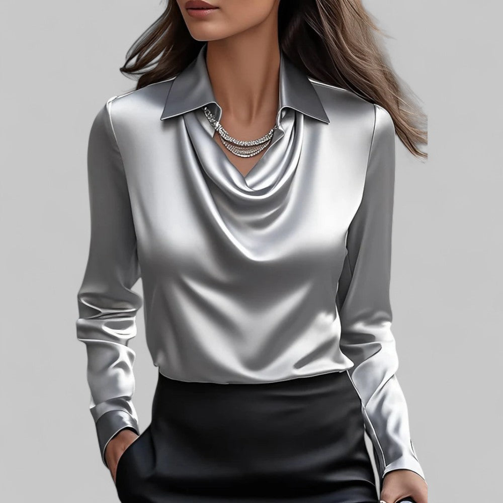 Rose | Elegant Draped Neck Blouse with Long Sleeves - Lumina