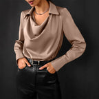 Samantha | Elegant Draped Neck Blouse with Long Sleeves - Lumina