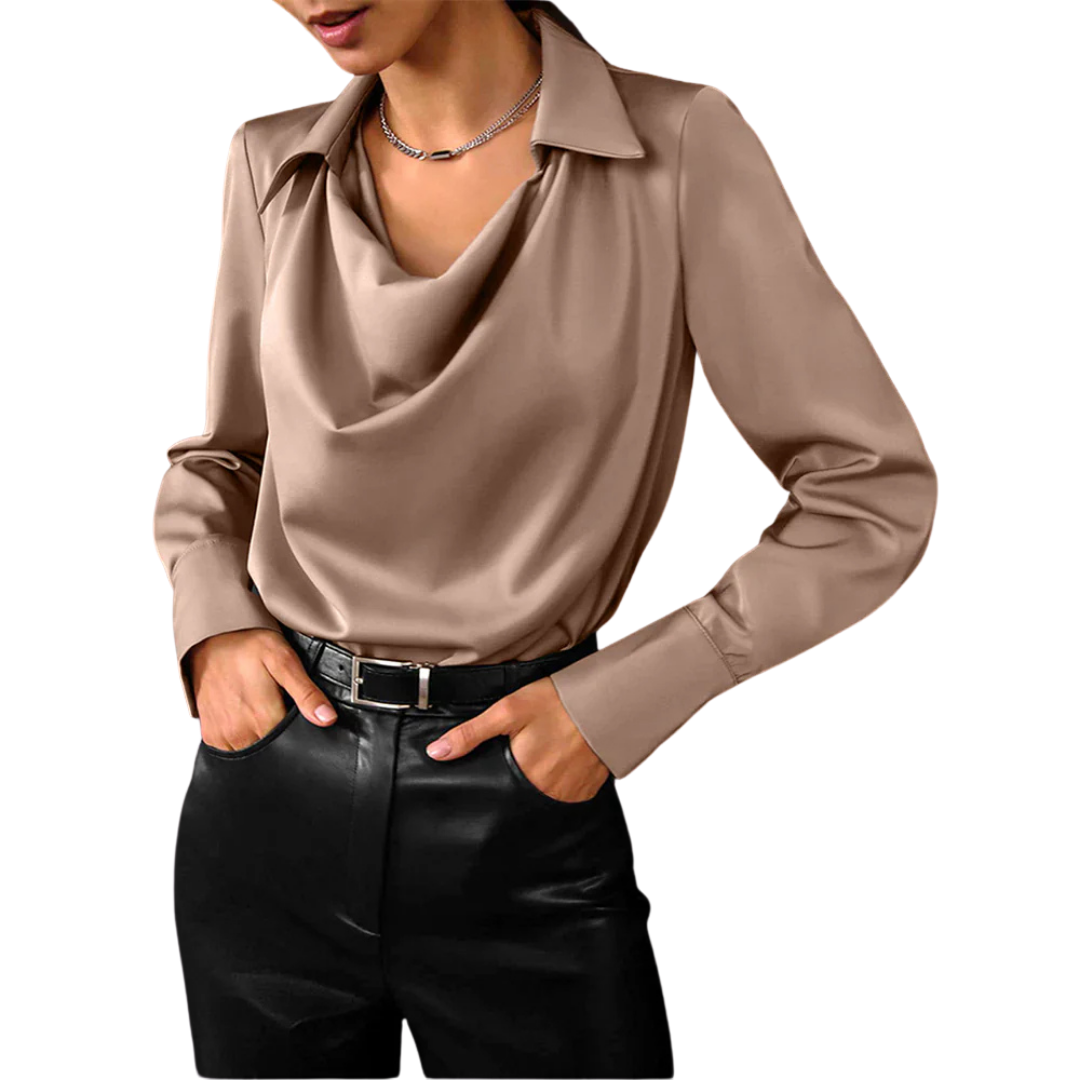 Samantha | Elegant Draped Neck Blouse with Long Sleeves - Lumina