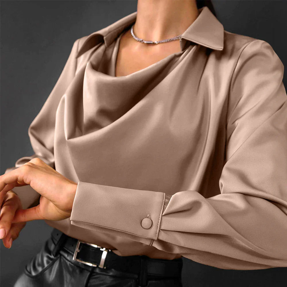 Samantha | Elegant Draped Neck Blouse with Long Sleeves - Lumina