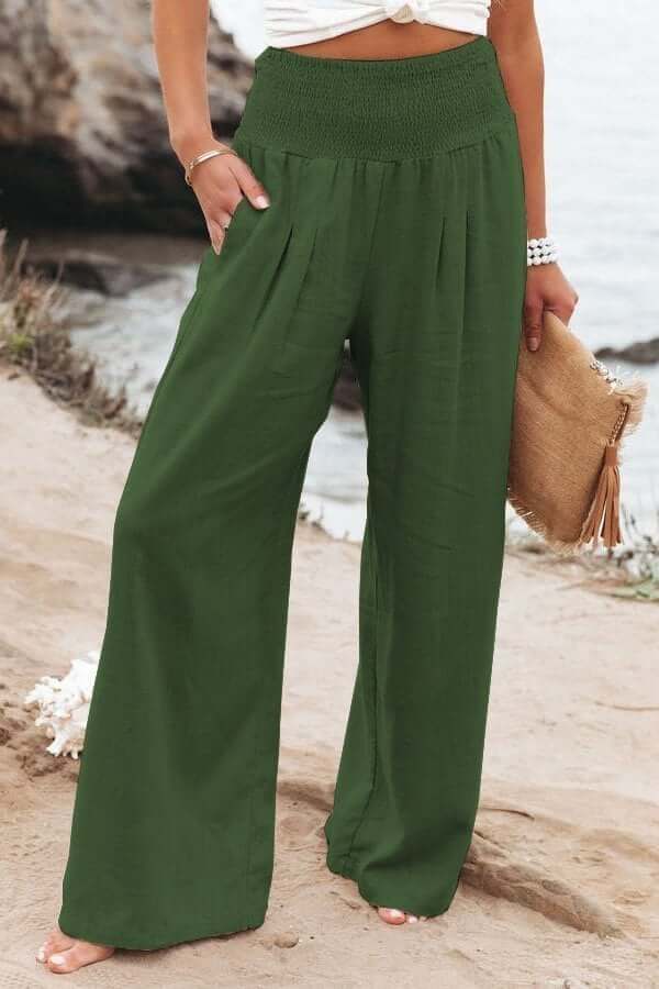 Serena | Breathable White Wide Leg Trousers with Elastic Waist - Lumina