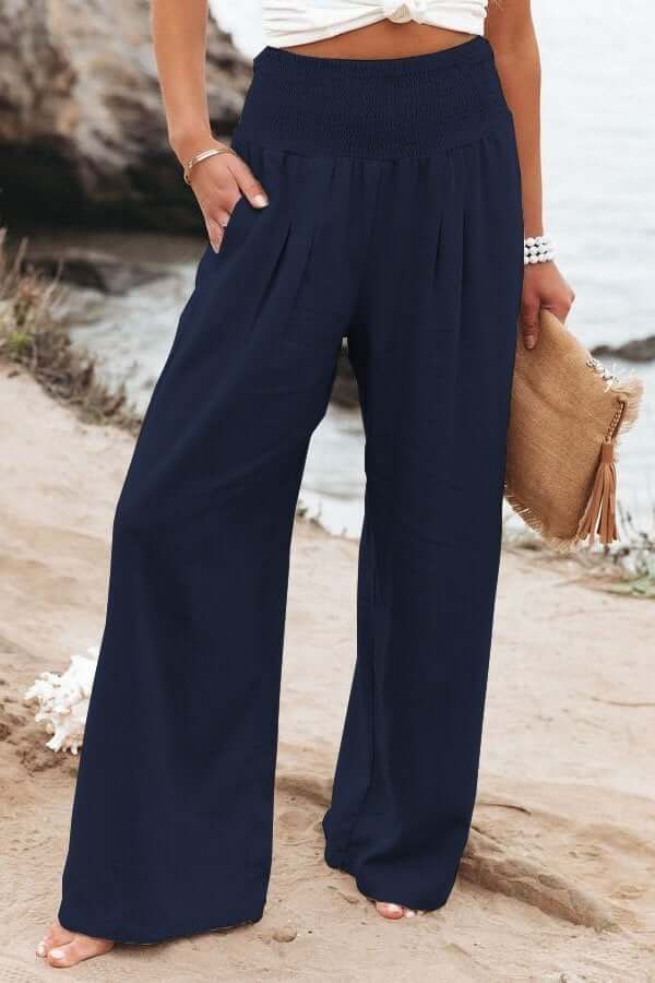 Serena | Breathable White Wide Leg Trousers with Elastic Waist - Lumina