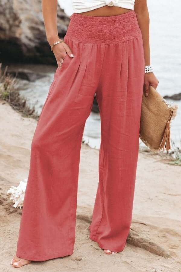 Serena | Breathable White Wide Leg Trousers with Elastic Waist - Lumina