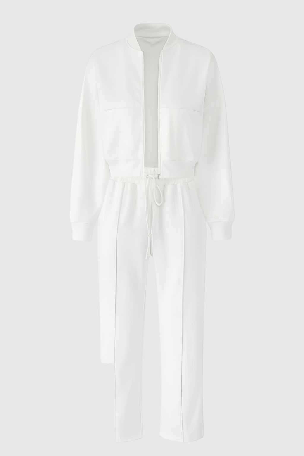 Serena | Casual Chic White Lounge Set with Modern Zipper Details - Lumina