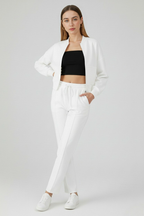 Serena | Casual Chic White Lounge Set with Modern Zipper Details - Lumina