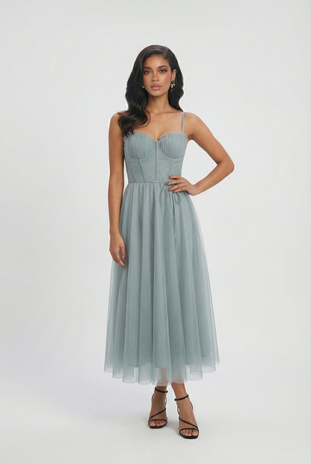 Serena | Elegant Gray Blue A-Line Midi Dress with Comfortable Fit - Lumina