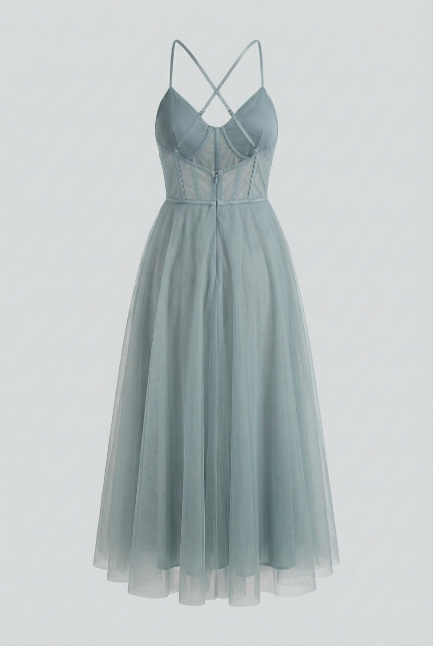 Serena | Elegant Gray Blue A-Line Midi Dress with Comfortable Fit - Lumina