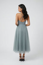 Serena | Elegant Gray Blue A-Line Midi Dress with Comfortable Fit - Lumina