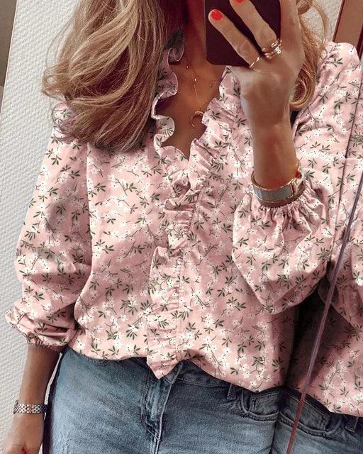 Serena | Elegant Ruffle Detail Blouse with V Neck - Lumina