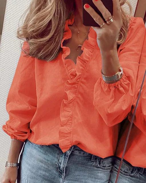 Serena | Elegant Ruffle Detail Blouse with V Neck - Lumina