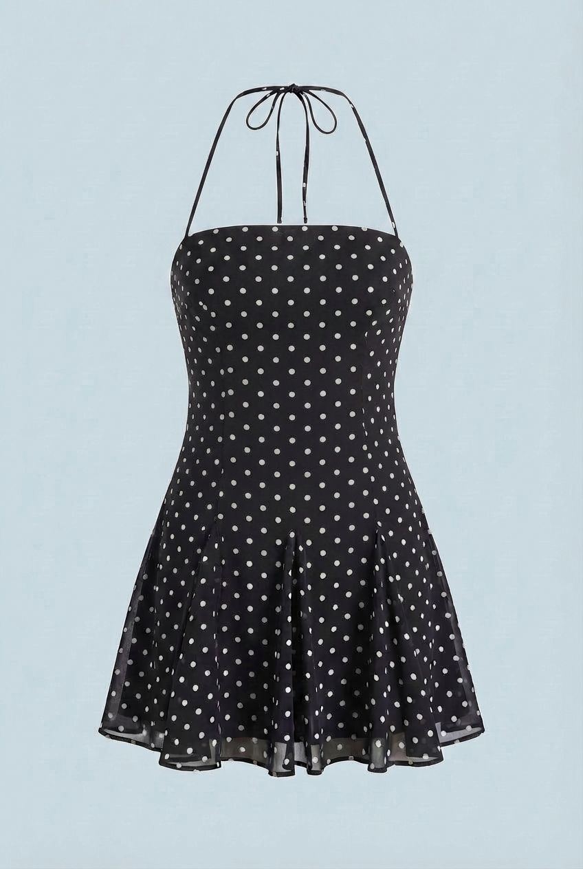 Serena | Flared Black Mini Dress with Polka Dot Print - Lumina