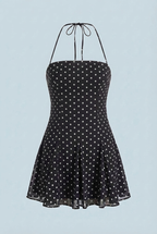 Serena | Flared Black Mini Dress with Polka Dot Print - Lumina