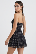 Serena | Flared Black Mini Dress with Polka Dot Print - Lumina
