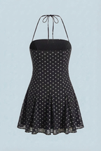 Serena | Flared Black Mini Dress with Polka Dot Print - Lumina