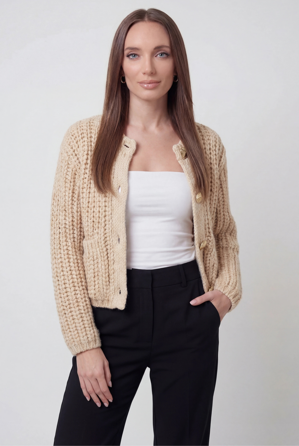 Sophia | Cozy Beige Knit Cardigan with Relaxed Fit - Lumina