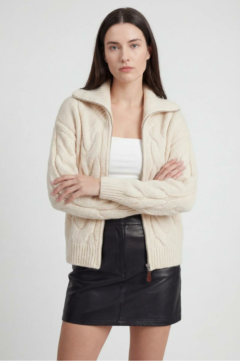 Sophia | Cozy Beige Long Cardigan Sweater with Zipper Detail - Lumina