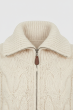 Sophia | Cozy Beige Long Cardigan Sweater with Zipper Detail - Lumina