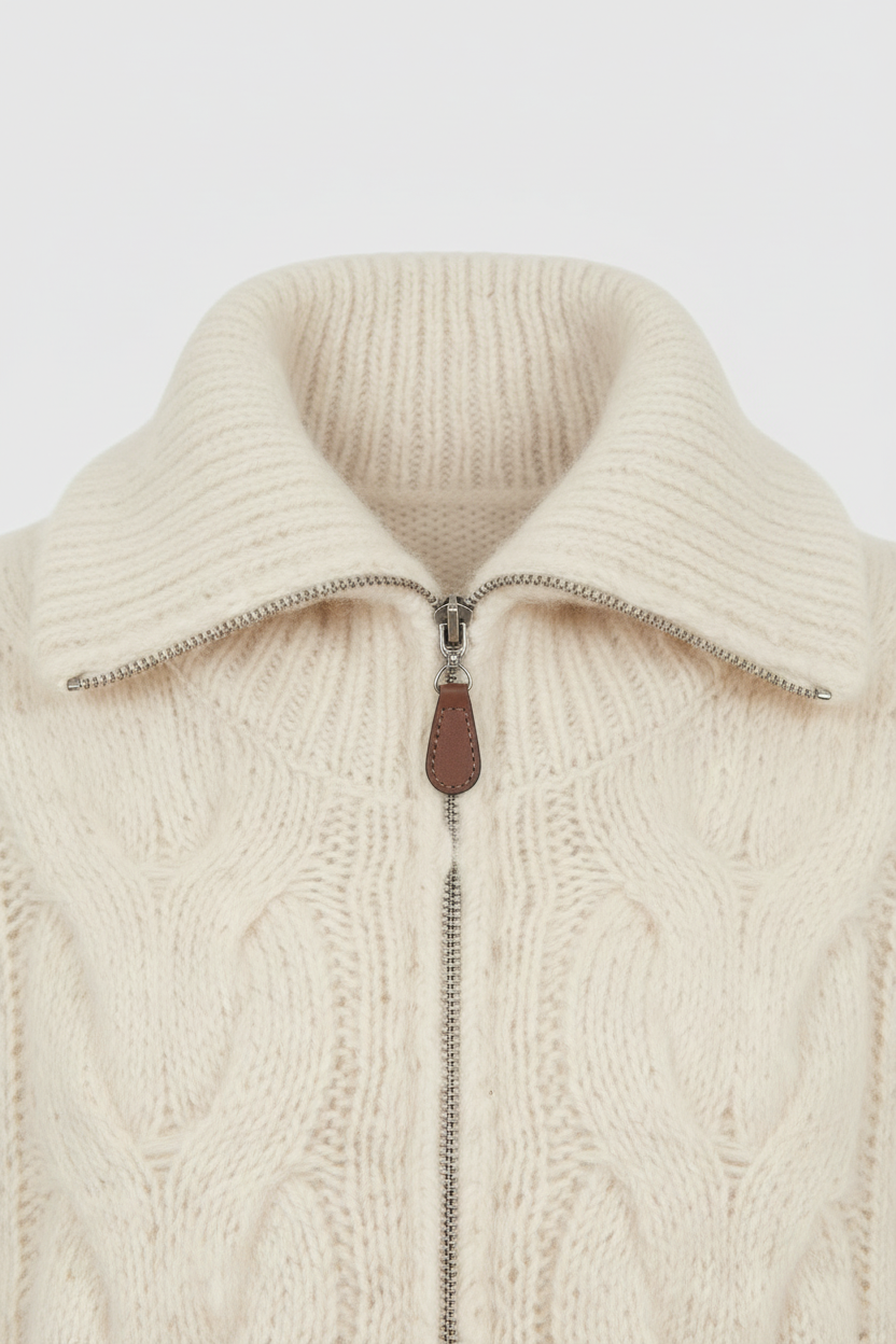 Sophia | Cozy Beige Long Cardigan Sweater with Zipper Detail - Lumina