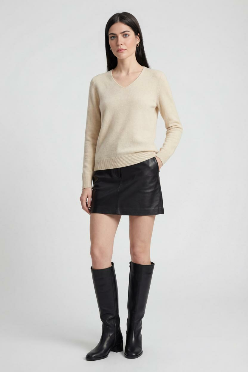 Sophia | Cozy Beige V-Neck Women's Sweater with Flattering Fit - Lumina