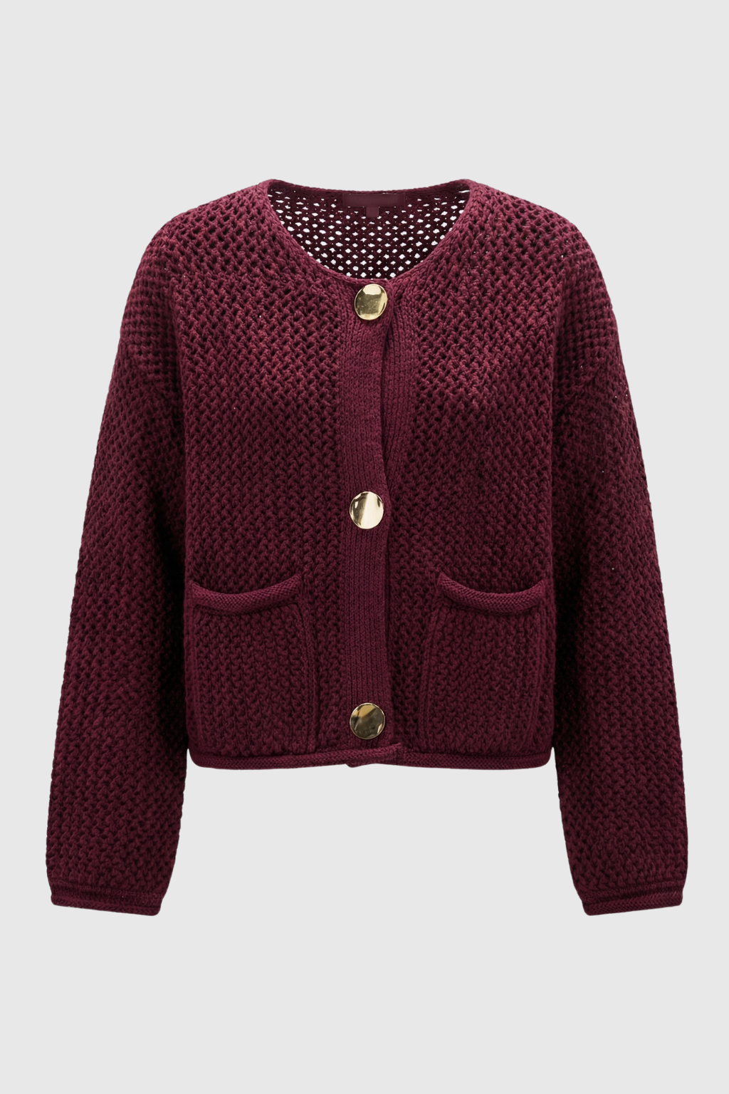 Sophia | Cozy Burgundy Knit Cardigan Sweater with Ribbed Details - Lumina