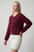 Sophia | Cozy Burgundy Knit Cardigan Sweater with Ribbed Details - Lumina