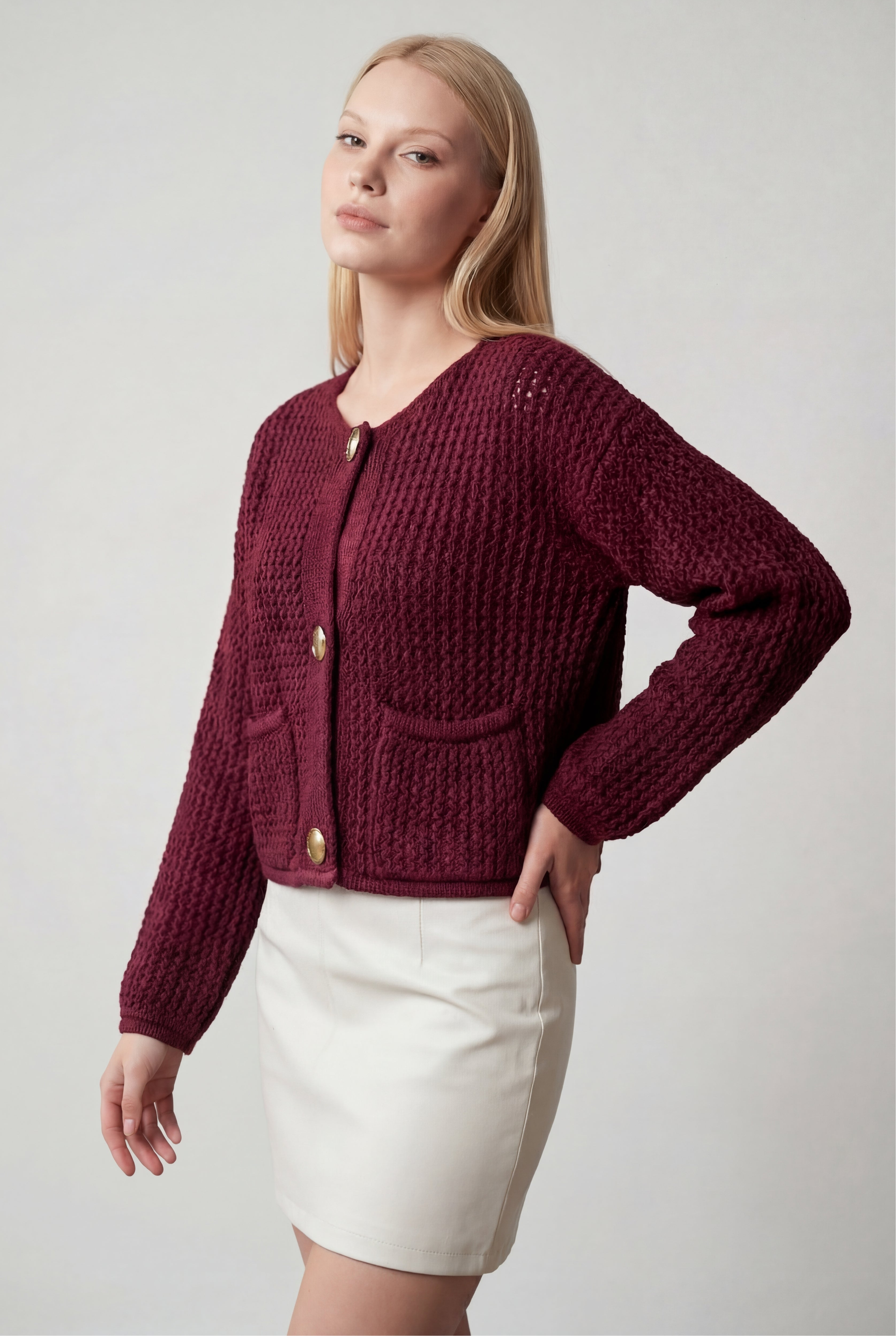 Sophia | Cozy Burgundy Knit Cardigan Sweater with Ribbed Details - Lumina