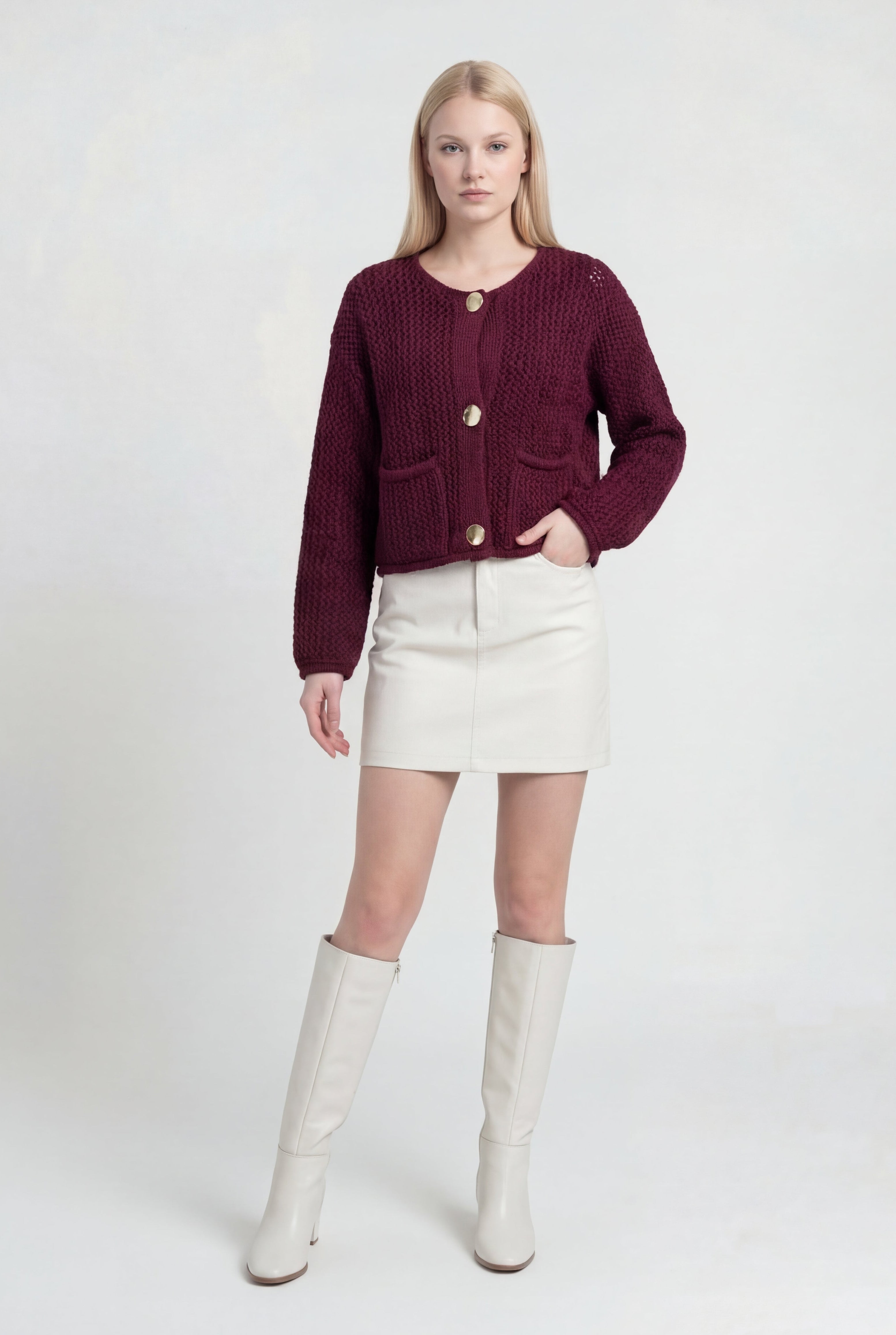 Sophia | Cozy Burgundy Knit Cardigan Sweater with Ribbed Details - Lumina