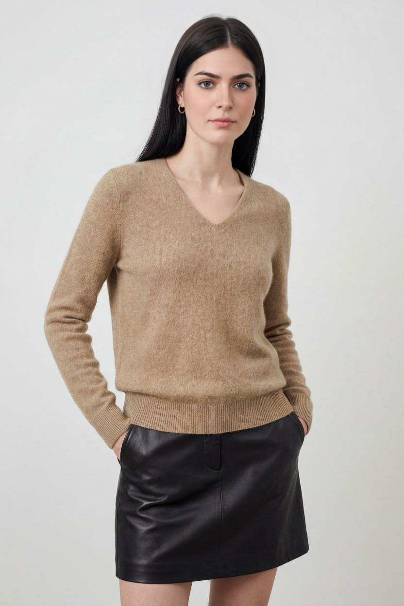 Sophia | Cozy Khaki Knit Sweater with V-Neckline - Lumina