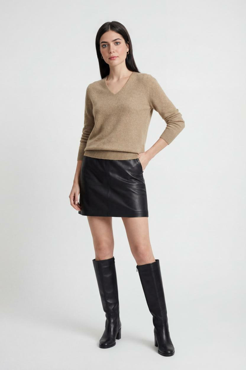 Sophia | Cozy Khaki Knit Sweater with V-Neckline - Lumina