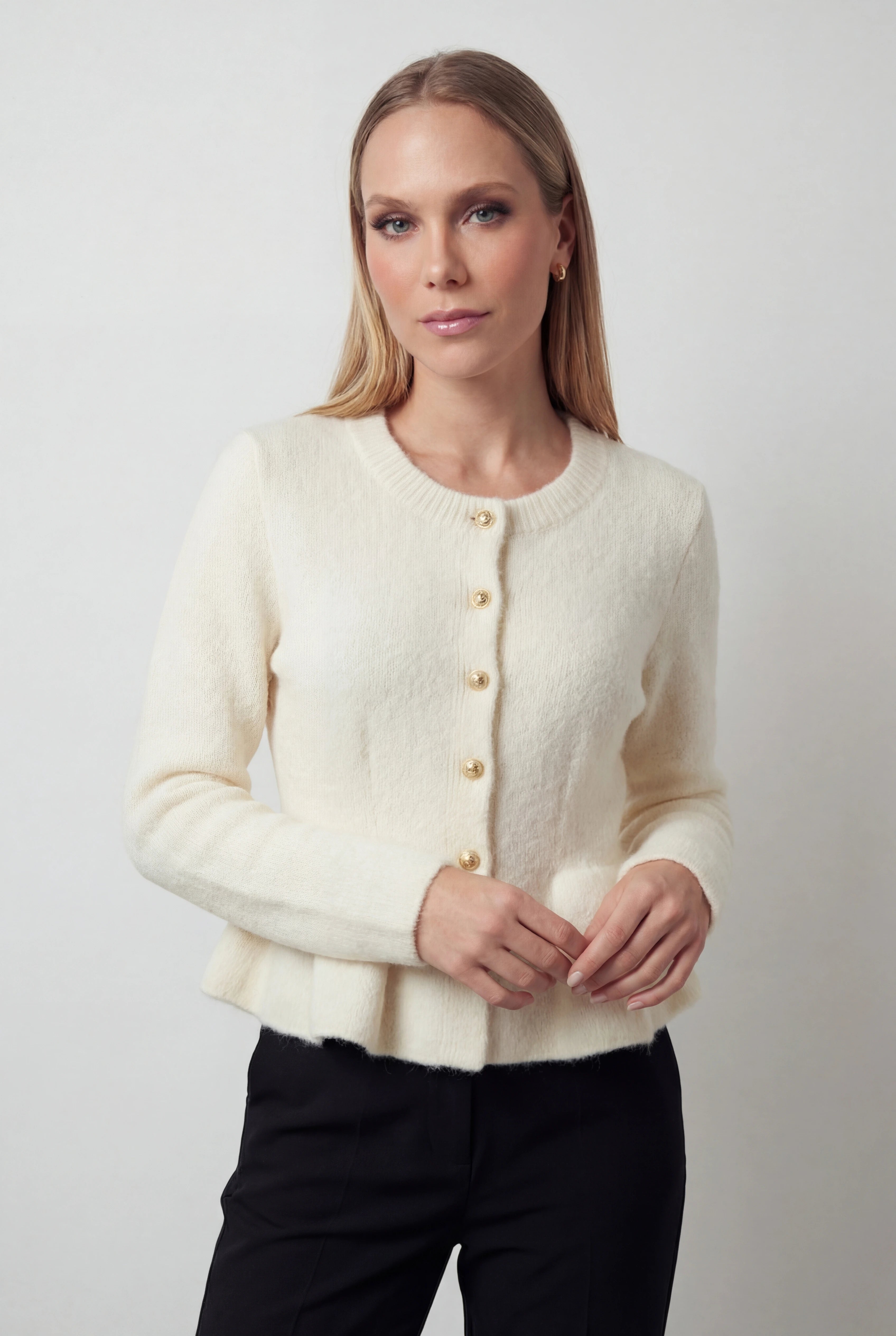 Sophia | Cozy White Cardigan Sweater with Ruffle Details - Lumina