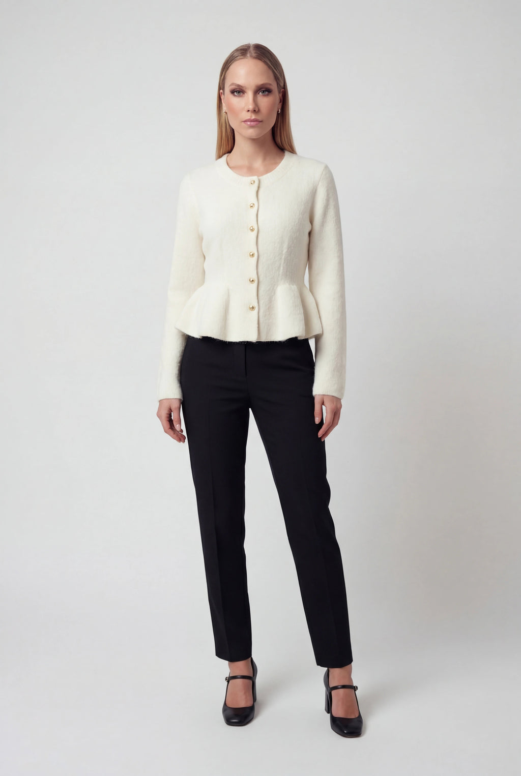 Sophia | Cozy White Cardigan Sweater with Ruffle Details - Lumina