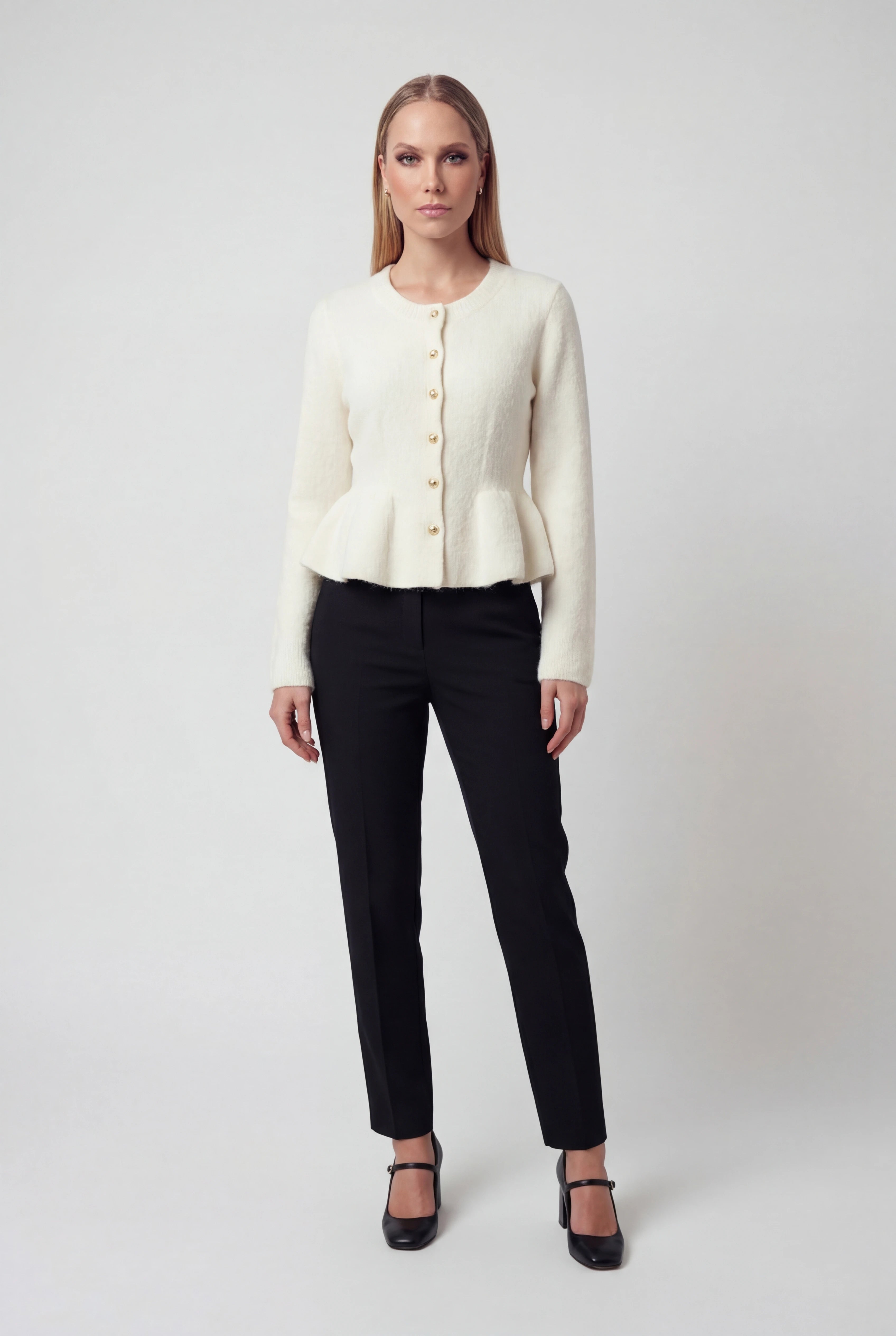 Sophia | Cozy White Cardigan Sweater with Ruffle Details - Lumina