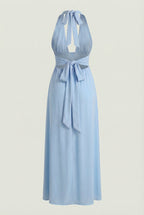 Sophia | Elegant Blue Maxi Dress with Backless Design - Lumina