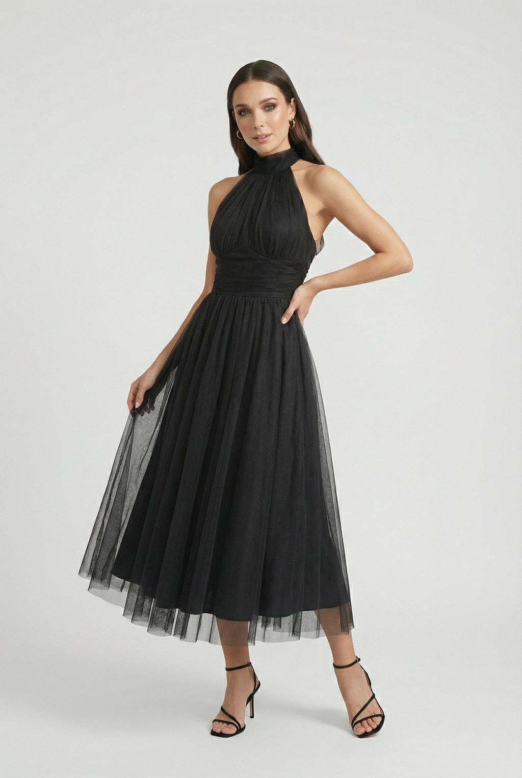 Sophia | Elegant Long Sleeve Black Midi Dress with Flattering Silhouette - Lumina