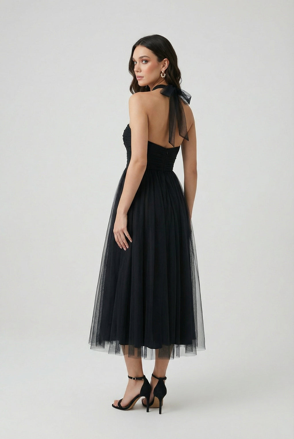 Sophia | Elegant Long Sleeve Black Midi Dress with Flattering Silhouette - Lumina