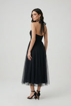 Sophia | Elegant Long Sleeve Black Midi Dress with Flattering Silhouette - Lumina
